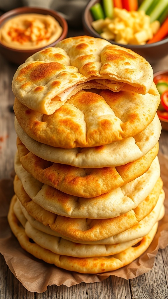 Freshly baked pita bread stacked on a wooden table with hummus and vegetables.